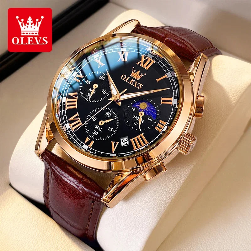 Luxury watch with brown leather strap and gold casing on a white cushion, OLEVS brand visible.