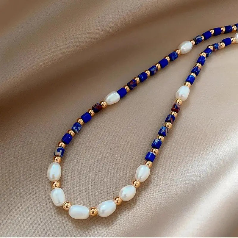 New Arrival 100% Natural Freshwater Pearl & Lapis Lazuli Stone 14K Gold Filled Female Beads Chain Necklace Jewelry For Women