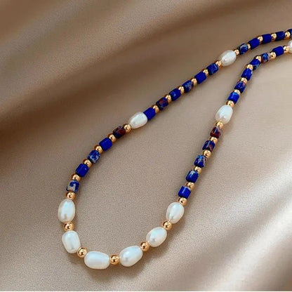 New Arrival 100% Natural Freshwater Pearl & Lapis Lazuli Stone 14K Gold Filled Female Beads Chain Necklace Jewelry For Women