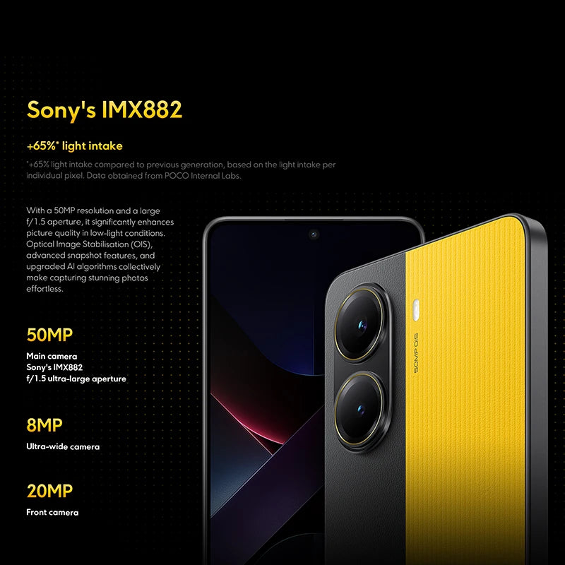 Smartphone with camera specifications on a black background
