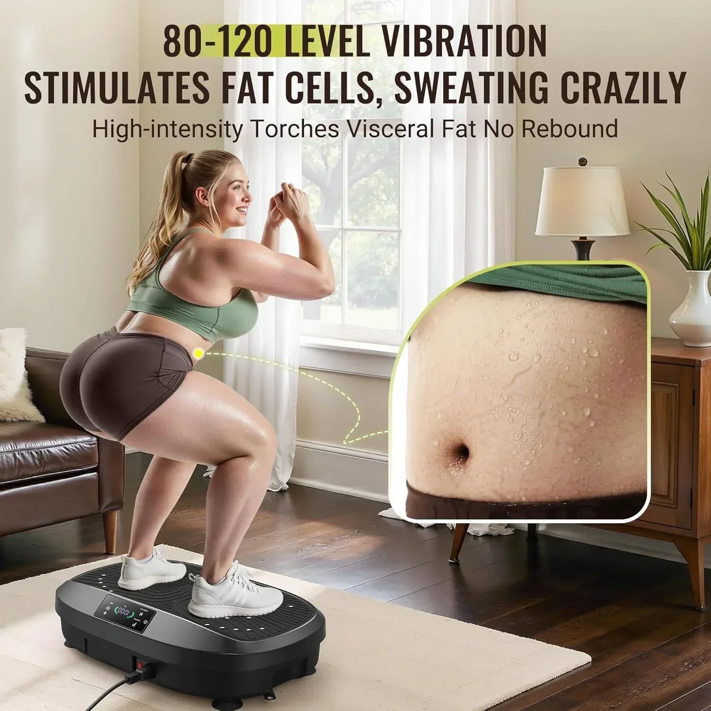 Woman using a vibration plate in a living room with text highlighting its benefits.