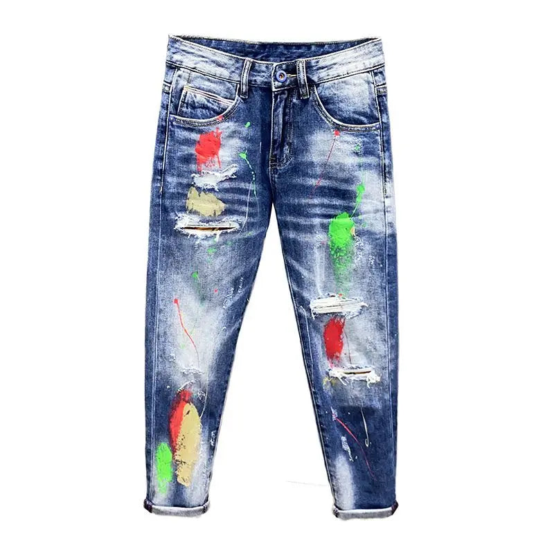Luxury Brand 2025 Printing Graffiti Jeans Men's Fashion Ripped Spray Paint Pants Ruffian Handsome Punk Streetwears Pants Man