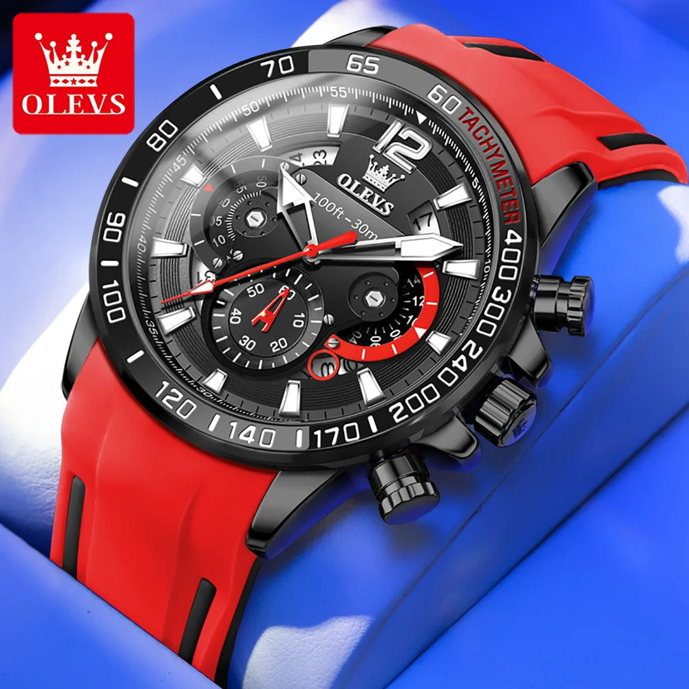 Red and black OLEVS watch on a blue background