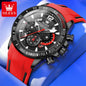 Red and black OLEVS watch on a blue background
