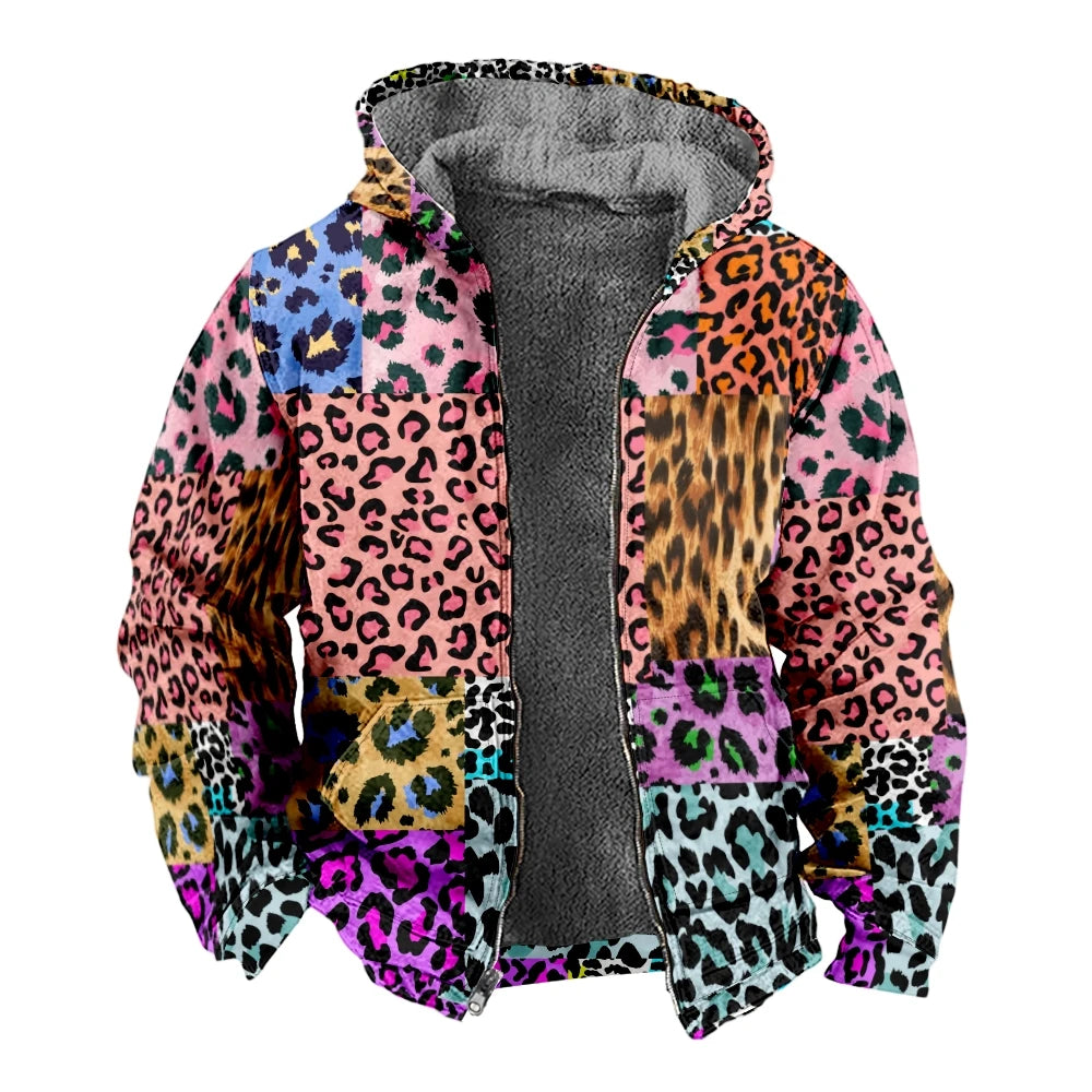 Herbst Winter Fleece Zip-Up Hoodies Original Leopard Patchwork Digitaldruck Herren Parka Mantel Jacken Oberbekleidung Sweatshirts Street
