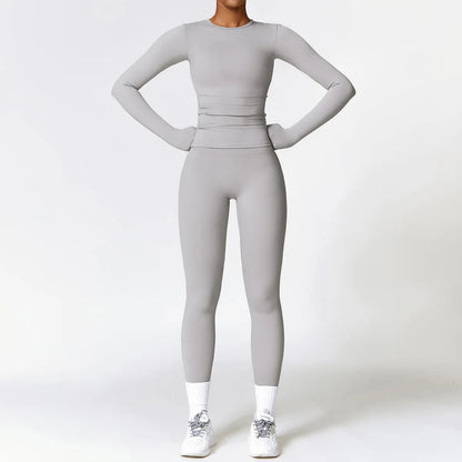 2PCS Yoga Set Women Gym Clothing Fitness Workout Set Sportswear Female Long Sleeve Crop Top High Waist Leggings Sports Suits