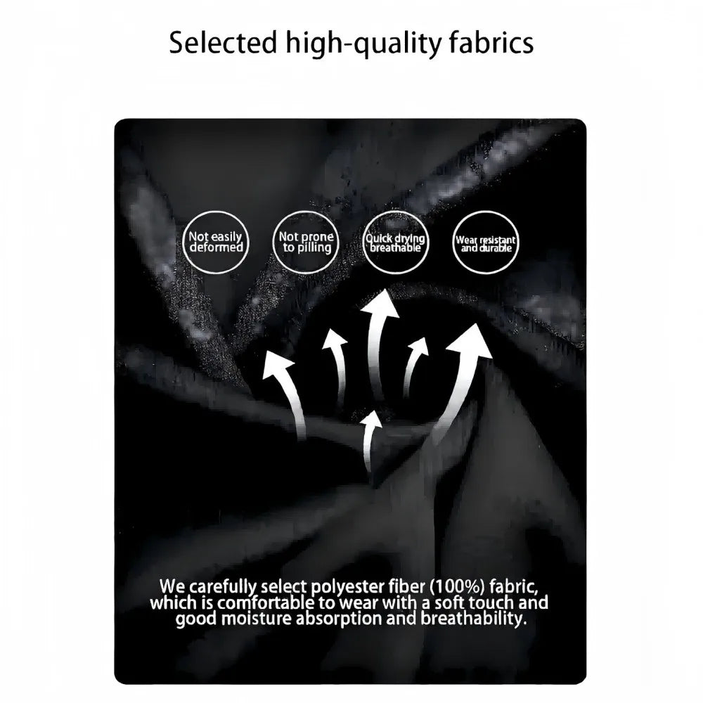 Text on high-quality fabric with features like not easily deformed, not prone to pilling, quick drying, and no static electricity.