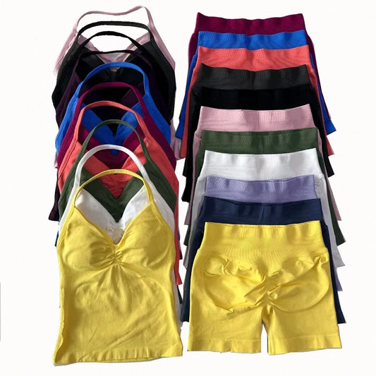 2Pcs Impacts Gym Set Tank Tops High Waist Scrunch Seamless Shorts Gym Suit Fitness Clothes Activewear Workout
