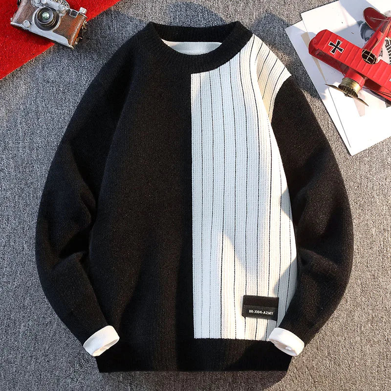 Color Blocked Warm Fashion O-neck Sweater 2025 Autumn/Winter Warm Knitted Sweater Men's Pullover Home Clothes