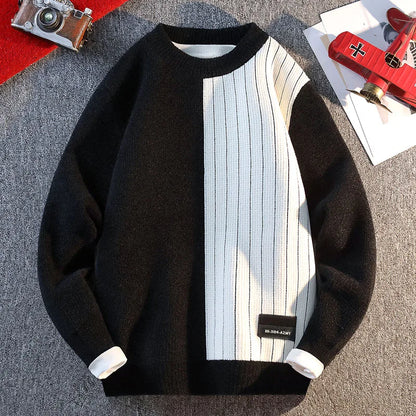 Color Blocked Warm Fashion O-neck Sweater 2025 Autumn/Winter Warm Knitted Sweater Men's Pullover Home Clothes