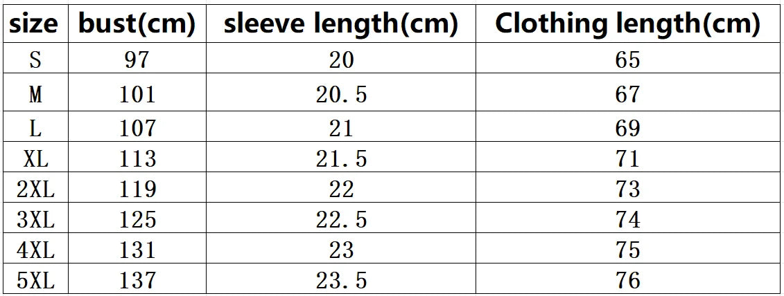 Table showing clothing measurements by size with bust, sleeve length, and clothing length.