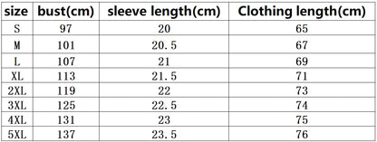 Table showing clothing measurements by size with bust, sleeve length, and clothing length.