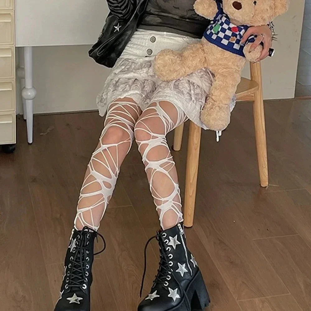 Fashion Punk Zerrissene Träger Löcher Strumpfhose Nue Sexy Lolita Gothic Spinnennetz Strümpfe Damen Y2k Schwarze Netz Weiche Strumpfhose Hohe Strümpfe
