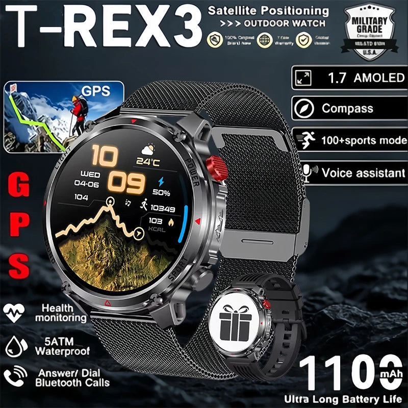 2026 New Military Outdoor Smart Watch Men GPS Compass Altimeter 5ATM Waterproof 1100mAh Battery Bluetooth Call Tactical Sports