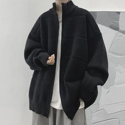 Men's Clothing Stand Collar Cardigan Knitted Casual Autumn Winter All-match Solid Color Loose Spliced Stylish Zipper Sweaters