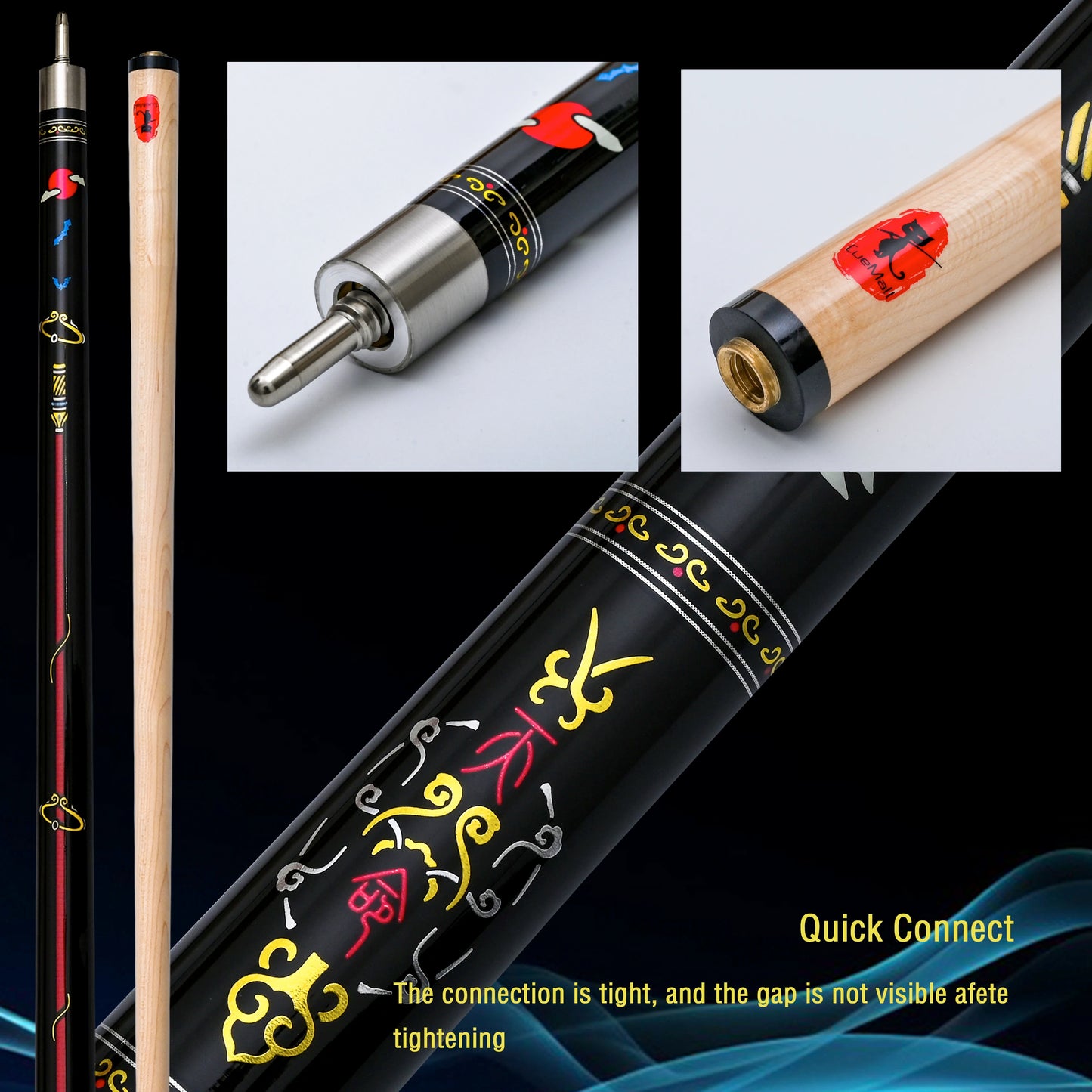12.5mm Multi-Layer Tip Hard Maple Pool Cue with Gold Stamped Patterns - 58.66 Inch Stainless Steel Quick-Release Joint