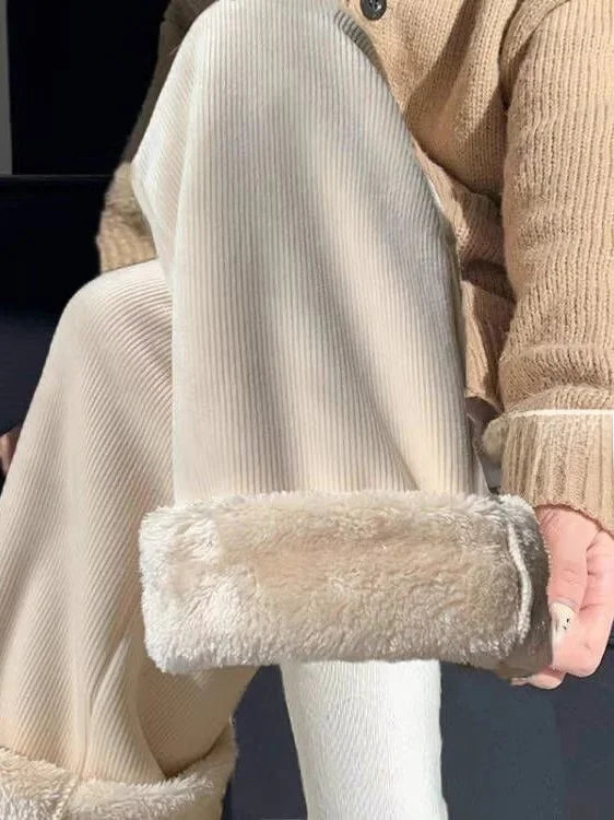 Lamb Velvet Fce Lined Thiened Wide Leg Pants Women's Loose Fit Corduroy Casual Trousers Autumn Winter plus Size Slimming