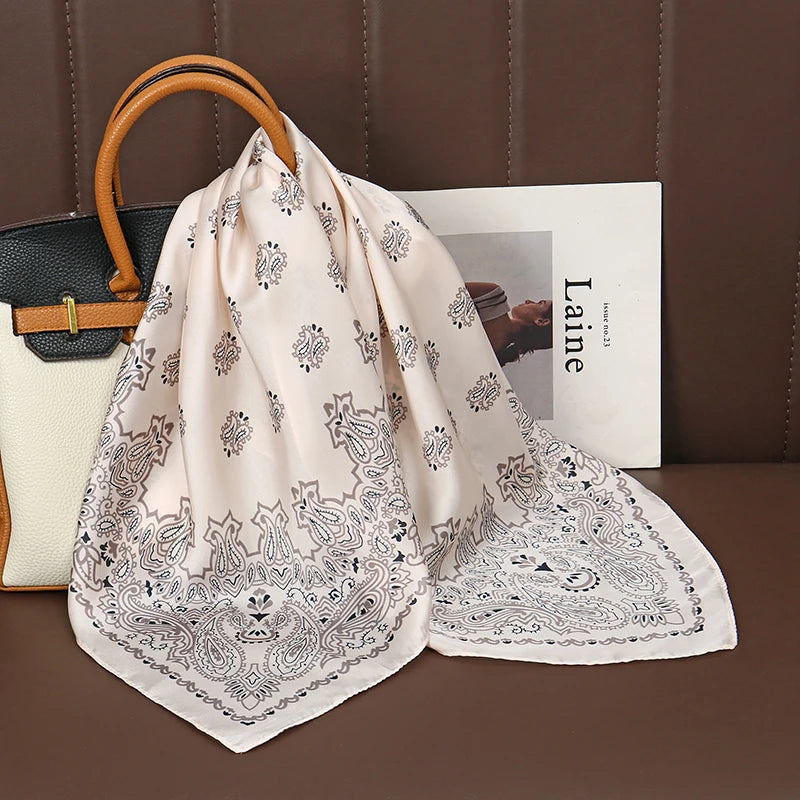 Luxury Print Satin Silk Square Scarf for Women Shawl Hijab Neckerchief Female Hair Ribbon Headband Fashion Wrap Bandana 2023 New
