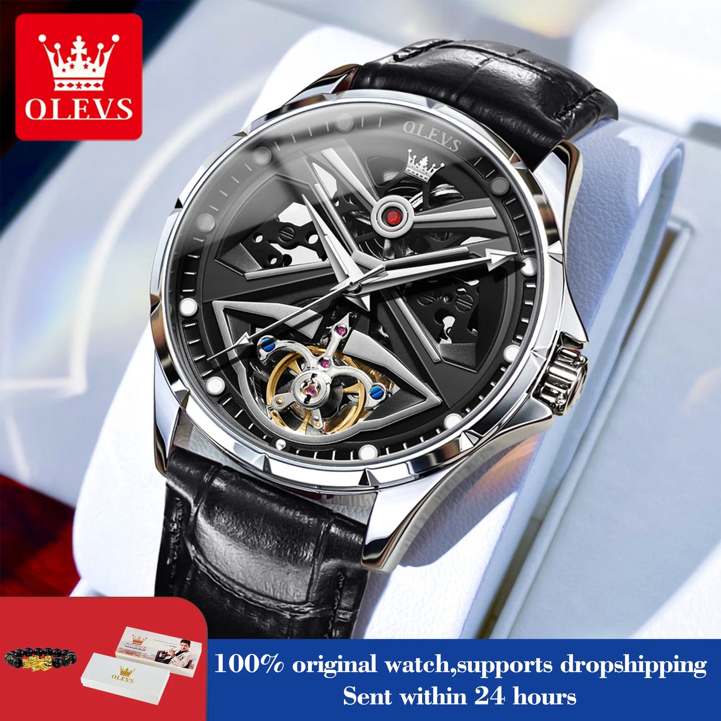 Mechanical watch with black leather strap and OLEVS branding on a white background