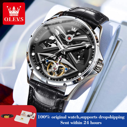 Mechanical watch with black leather strap and OLEVS branding on a white background