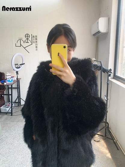 Nerazzurri Herbst Winter Oversized Weiß Schwarz Warmer Zotteliger Kunstpelzmantel Damen mit Kapuze Locker Lässig Flauschige Jacke 2023