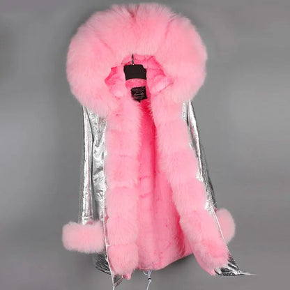 MAOMAOKONG Brand Long Winter Jacket Women Outwear Thick Parkas Natural Real Fox Fur Collar Coat Hooded Pink Female Clothing