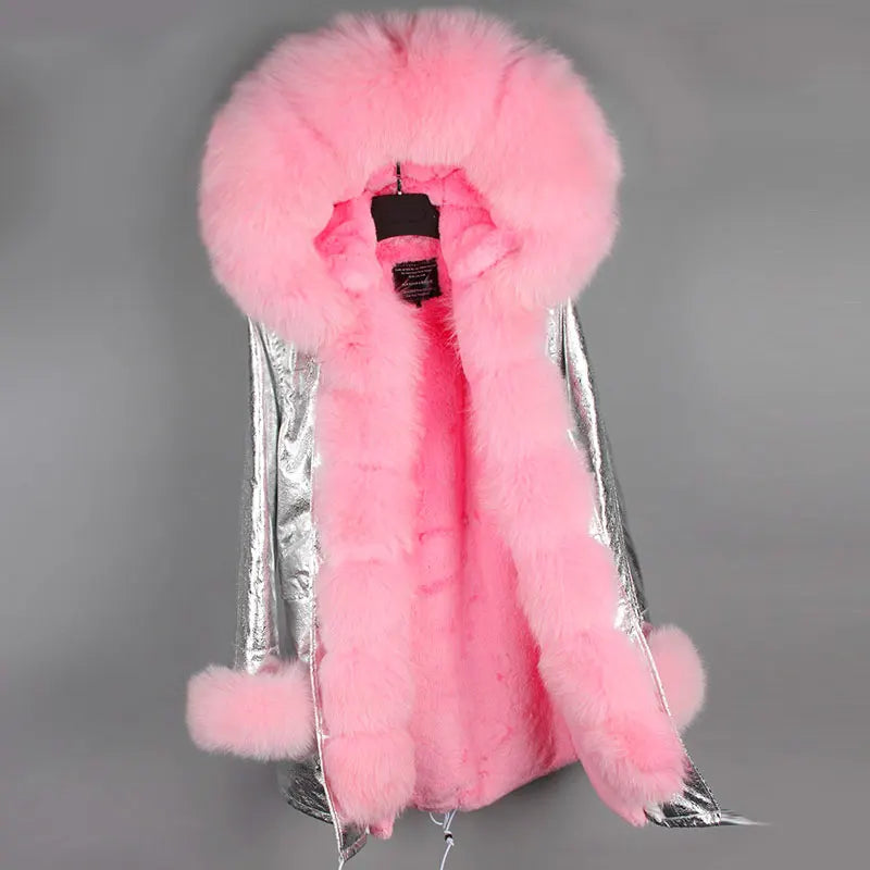 MAOMAOKONG Brand Long Winter Jacket Women Outwear Thick Parkas Natural Real Fox Fur Collar Coat Hooded Pink Female Clothing