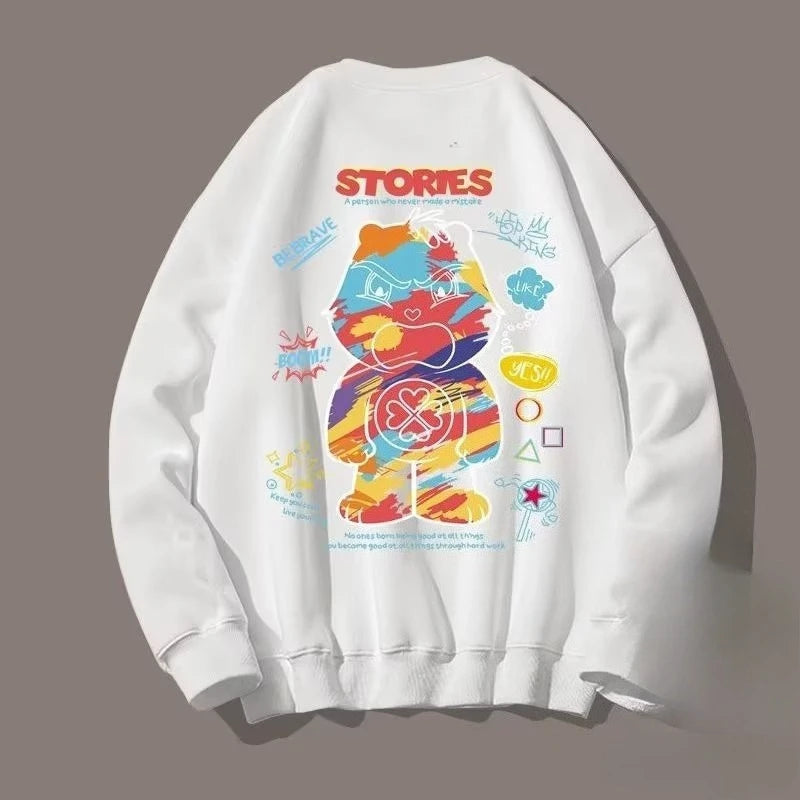 M-8XL Men Oversized Sweatshirt Fashion Loose American Style Trendy Color Graffiti Bear Print Long Sleeve Couple Clothes