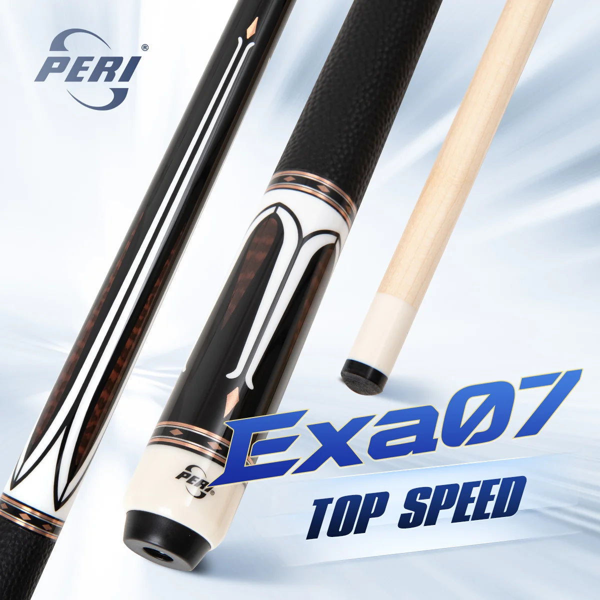 Two pool cues with 'Exa07 Top Speed' branding on a light blue background