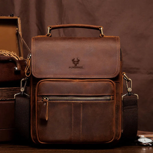 HUMERPAUL Genuine Leather Men's Shoulder Bag Luxury Work Business Messenger Bags Fashion Male Crossbody with Adjustable Straps - Teglex
