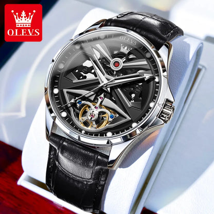 Mechanical watch with black leather strap and OLEVS branding on a white background