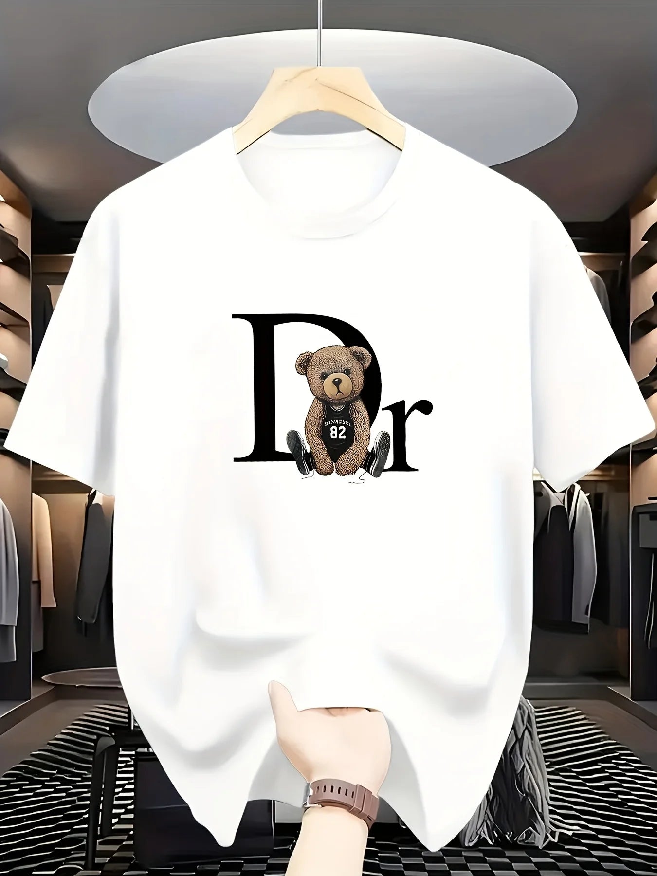 Sleeve Round Neck Casual Attire Playful Teddy Print Summer Casual Graphic T-Shirt Geometric Print  Aesthetic Clothes