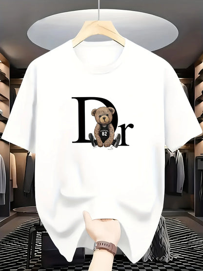 Sleeve Round Neck Casual Attire Playful Teddy Print Summer Casual Graphic T-Shirt Geometric Print  Aesthetic Clothes