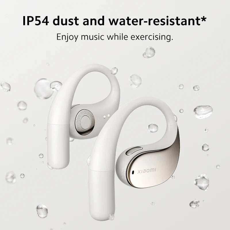 White wireless earbuds with water droplets and text indicating dust and water-resistant feature on a light gray background.