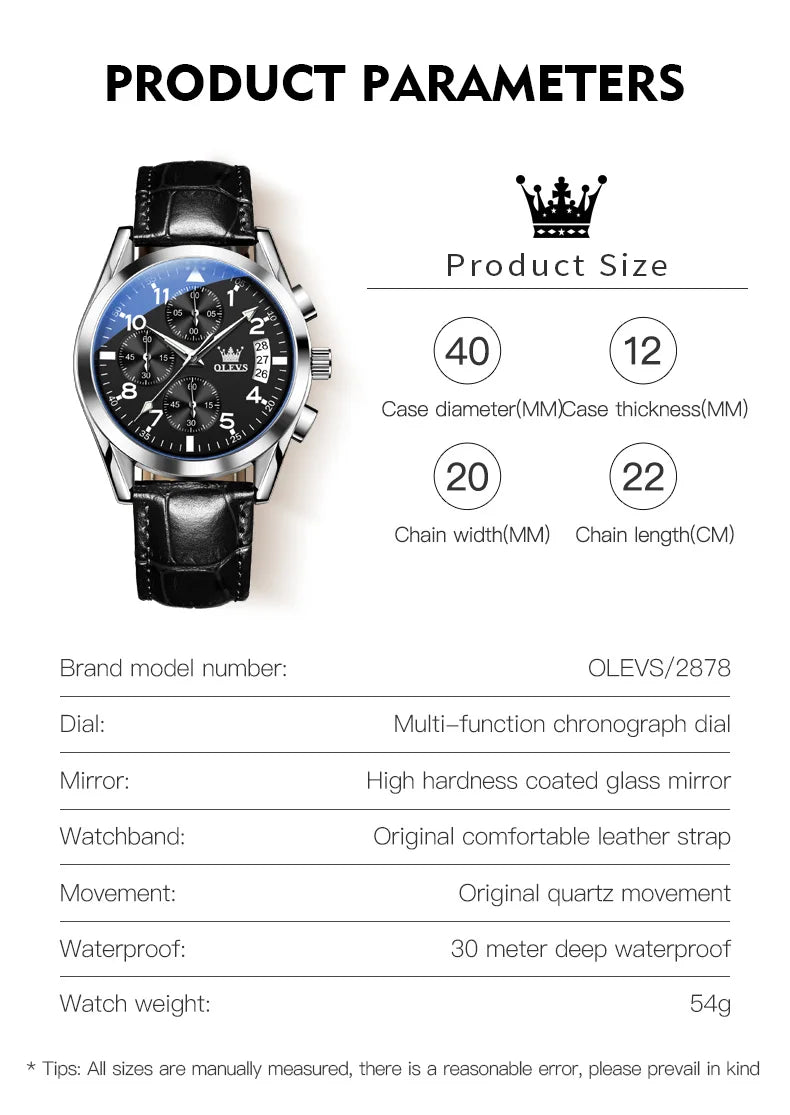 OLEVS Quartz Watch for Men Original Leather Strap Date