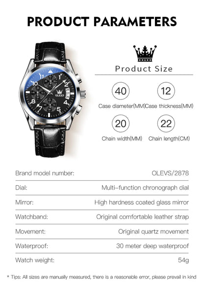 OLEVS Quartz Watch for Men Original Leather Strap Date