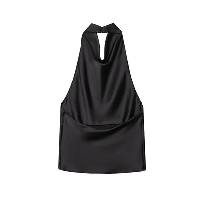 DAMEN 2025 Neckholder-Tops für Frauen Schwarzes Satin-Rückenfreies Top Damen Rosa Sommer Strandtop Damen schulterfreies Camisole-Top Frauen