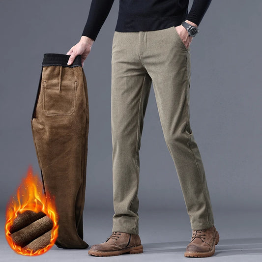 Khaki Schwarz Grau Fleece Herren Cord Freizeithose Chenille Dicke Stretch Business Hose Mittelhohe Marken Winter Thermohose