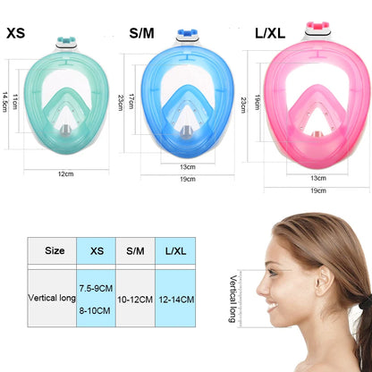 Snorkeling masks in XS, S/M, and L/XL sizes with measurements and a woman's head for scale.