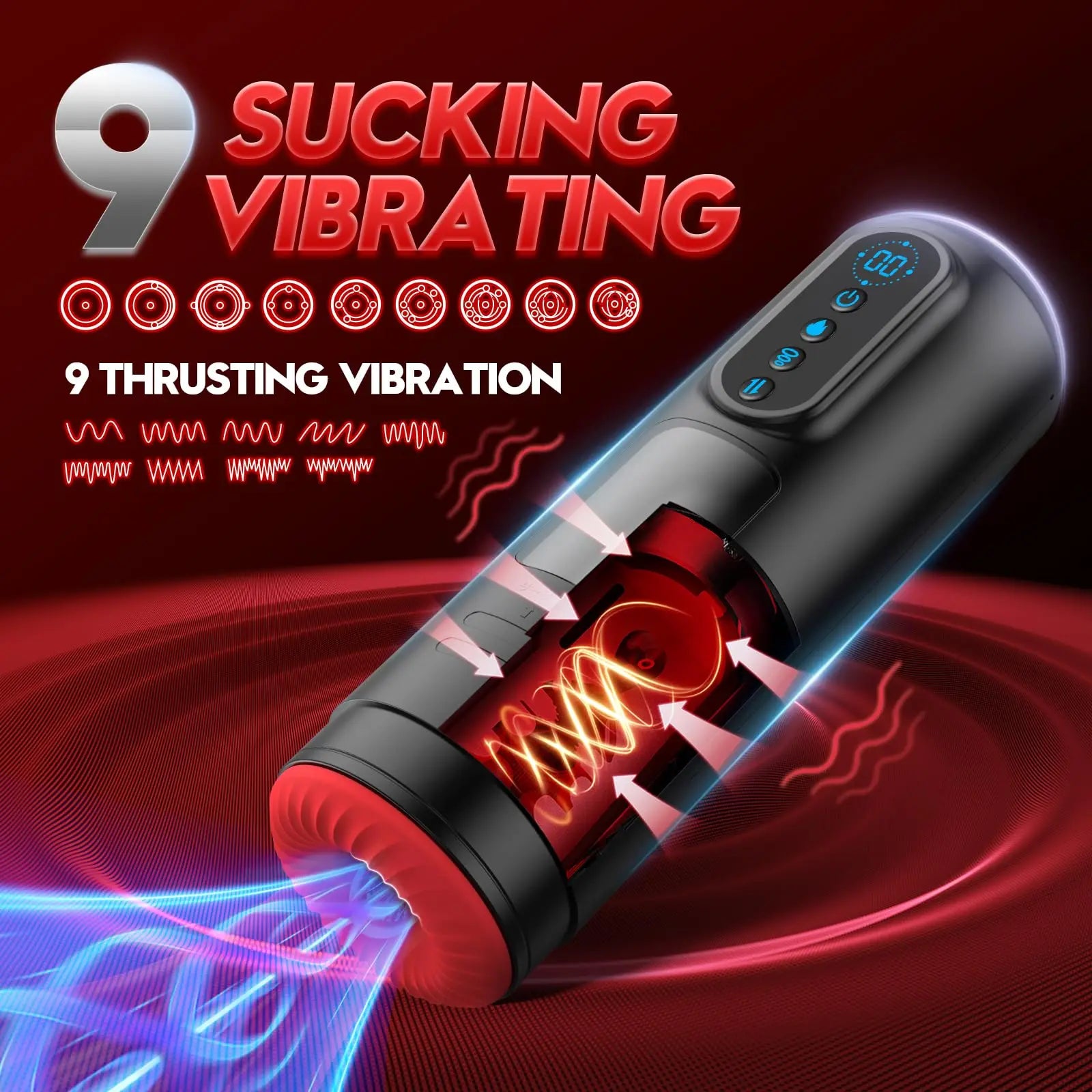 Sexual product with text about suction, vibration, and thrusting on a dark background
