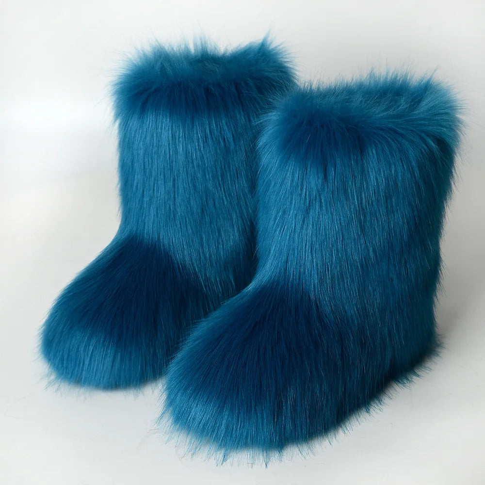 Women's Winter Snow Boots Outdoor Luxury Furry Faux Fox Fur Boots Woman Plush Warm Platform Shoes New Fashion Bottes Big Size 46