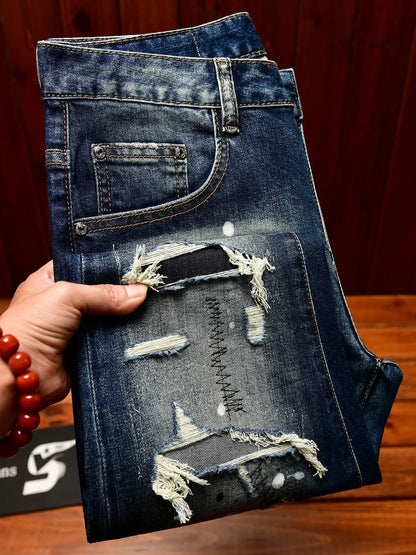 Men's Nostalgic Slim Jeans – Patched Inkjet Denim