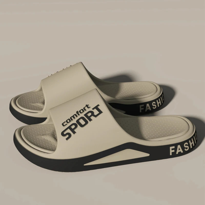 Beige slides with 'comfort sport' and 'fashion' text on a beige background