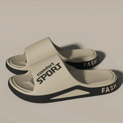 Beige slides with 'comfort sport' and 'fashion' text on a beige background