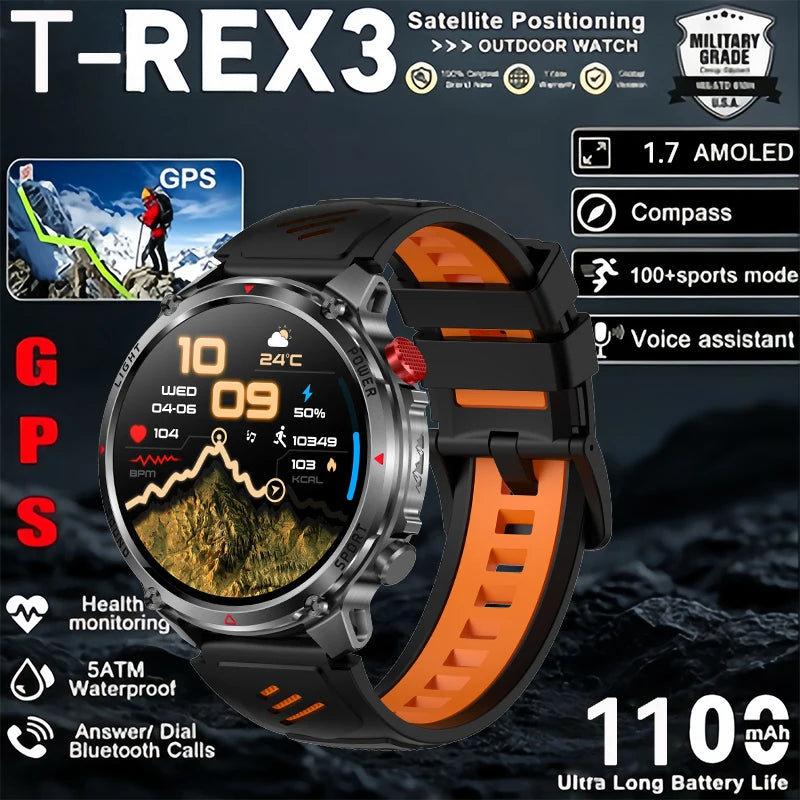 T-Rex 3 Pro Military Grade AGPS Smart Watch 5ATM Waterproof Dual-band GNSS Compass Altimeter AMOLED Swim Sports Smart Watch Men
