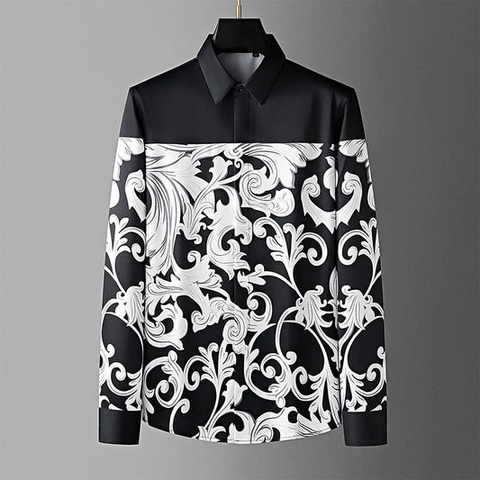 Black shirt with white floral pattern on a gray background