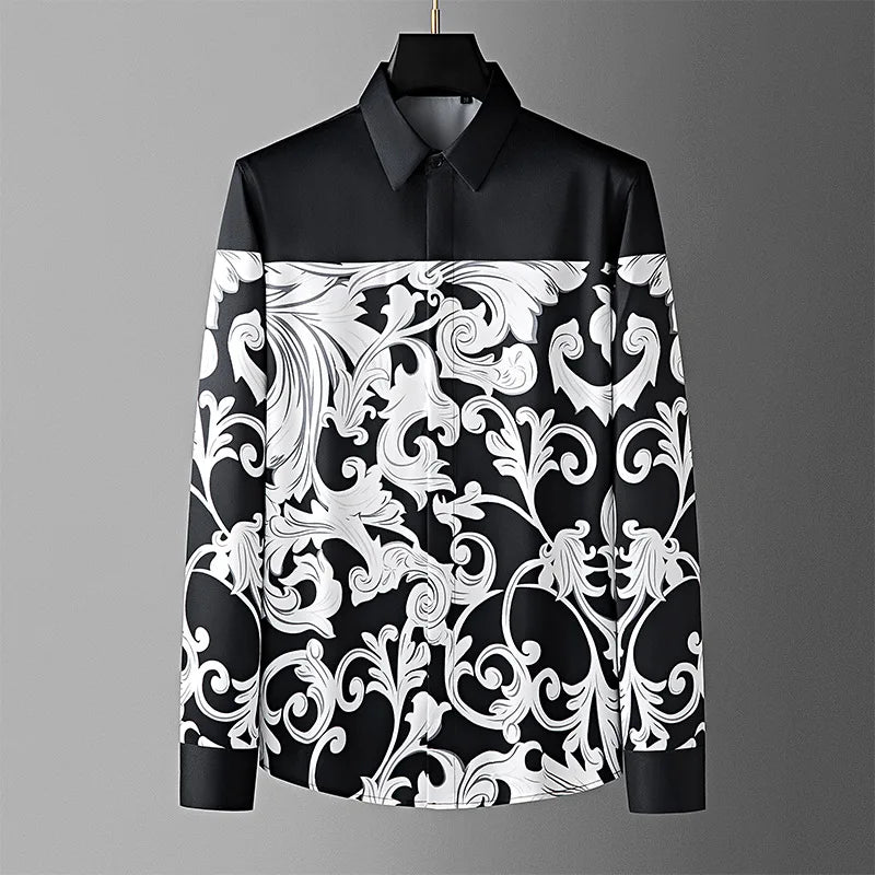 Luxury Palace Printed Splicing Men's Shirt Long Sleeve Casual Business Shirts Trendy Social Banquet Party Shirt Men Clothing