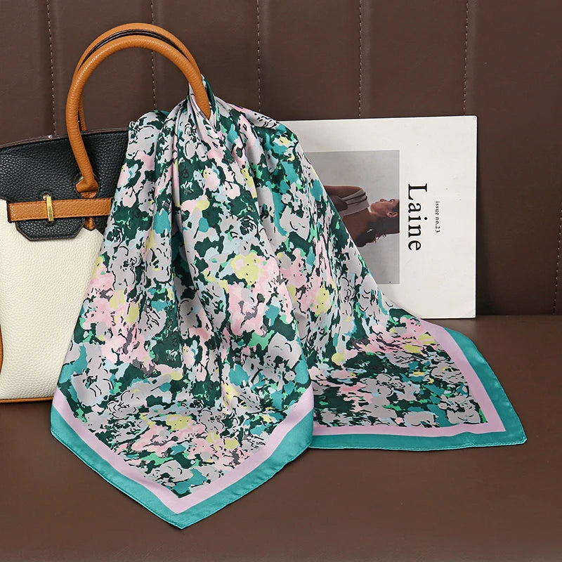 Luxury Print Satin Silk Square Scarf for Women Shawl Hijab Neckerchief Female Hair Ribbon Headband Fashion Wrap Bandana 2023 New