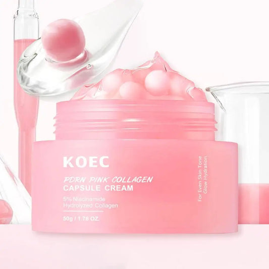 Pink collagen capsule cream with KOEC branding on a white background