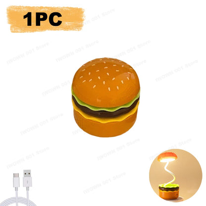 Cute Hamburger LED Desk Lamp Creative Burger Light Rechargeable Cartoon Night Light Eye Protection Kids Reading Lamp